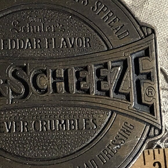 Vintage Belt Buckle, Win Schuler's BAR-SCHEEZE cheese spread, Solid Brass, 3"x3" - Picture 3 of 8